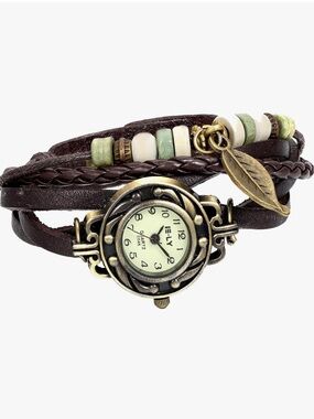 New!!! Anthropologie Brown Leather Wrap Watch with Leaf Charm and Bead Accents